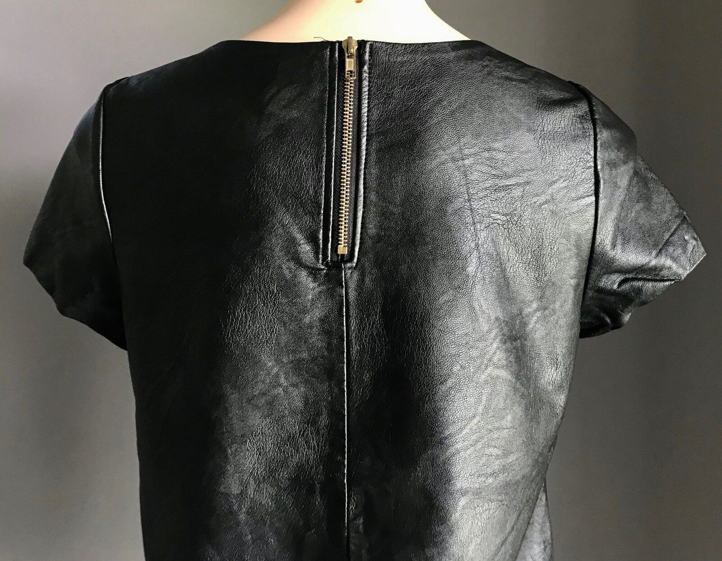 ICE FASHION PU T Shirt Short Sleeve Black Pleather Tee Top Ladies Size S 8 10