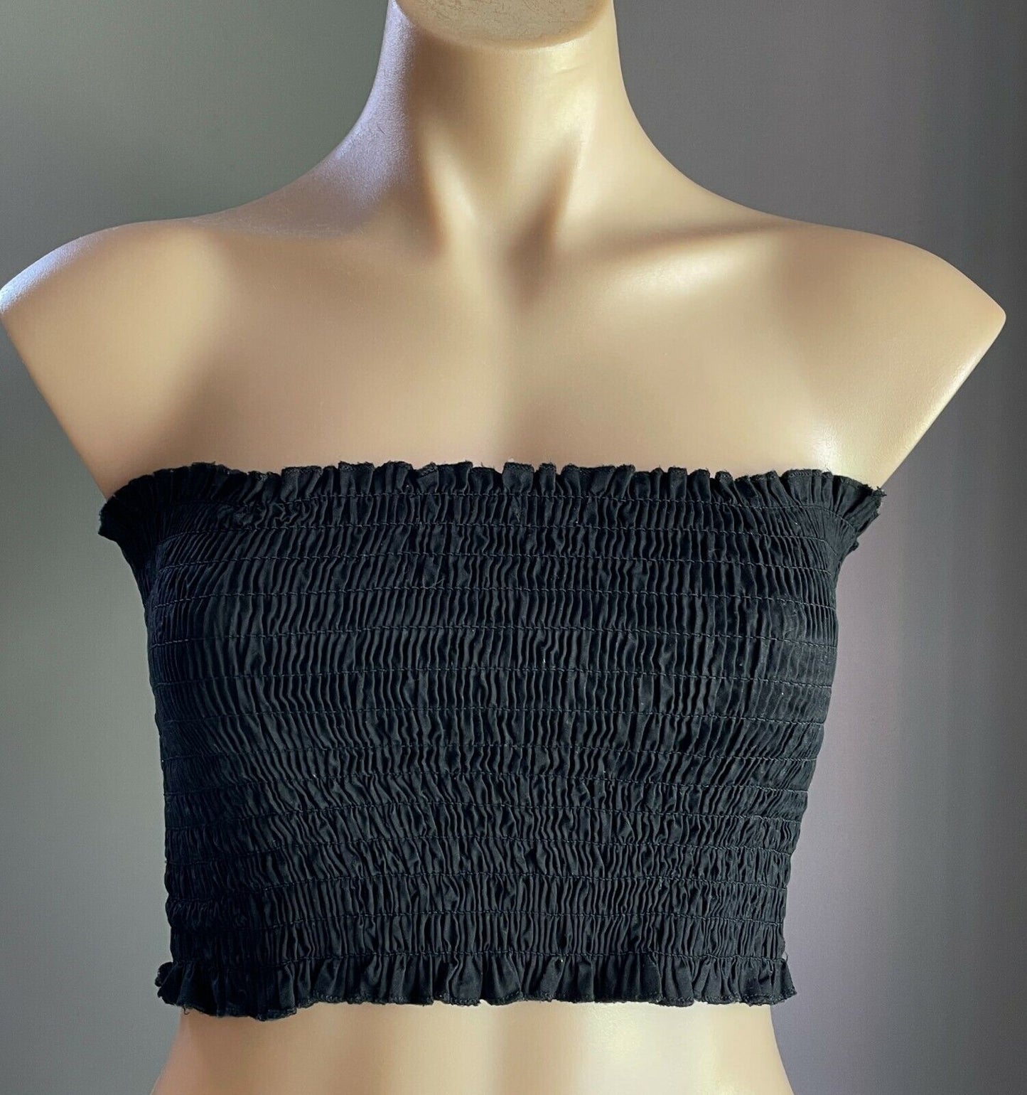 BEYOND HER Boob Tube Black Shirred Elastic Crop Top Size 6 AU 8 - 10
