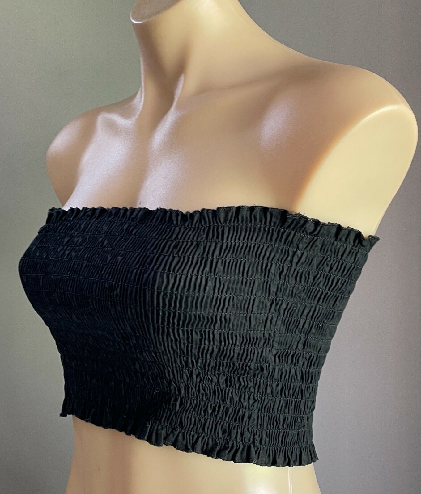 BEYOND HER Boob Tube Black Shirred Elastic Crop Top Size 6 AU 8 - 10