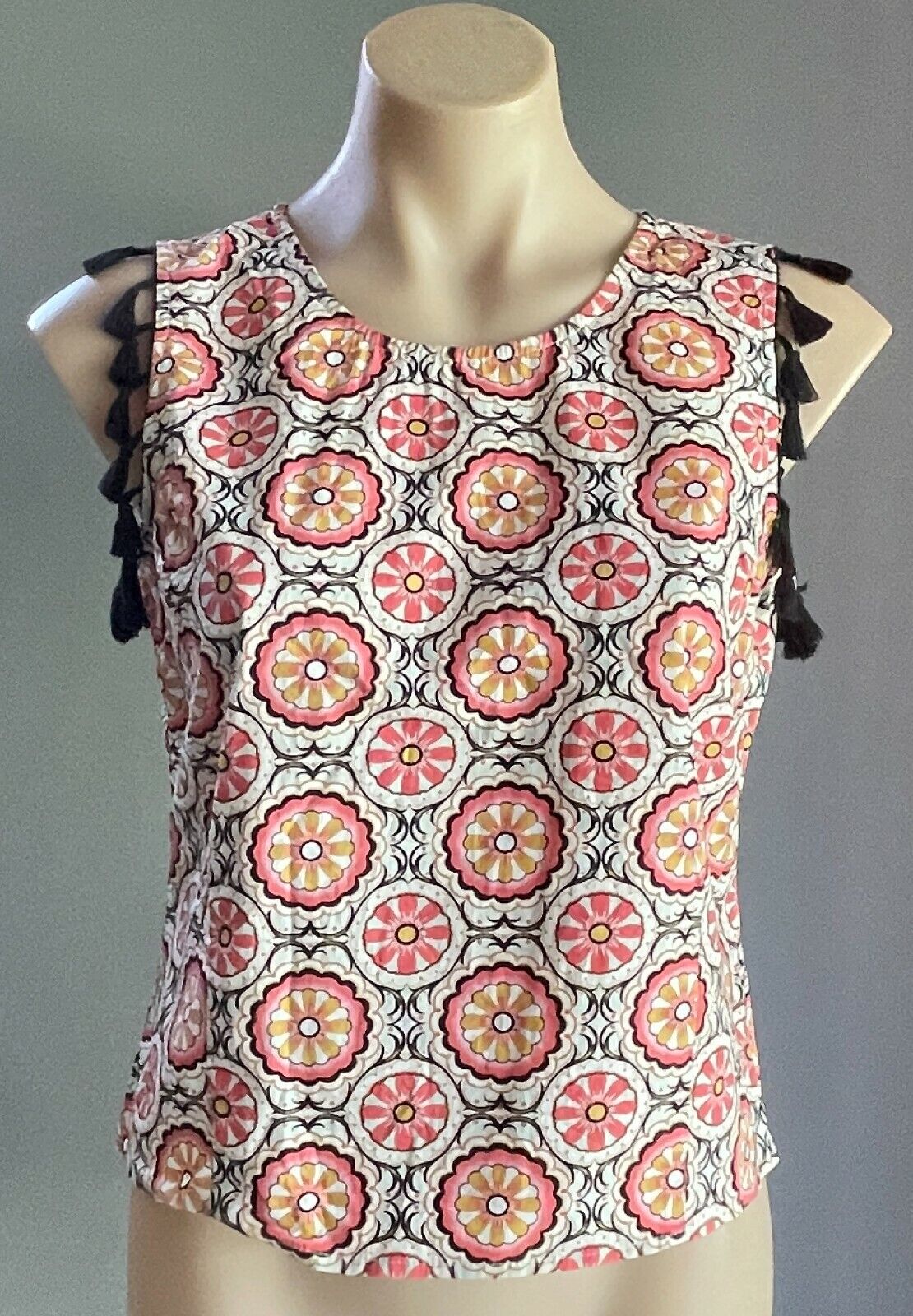 REVIVAL Top Floral Print Sleeveless Black Tassels Size 8 10 1960's NEW