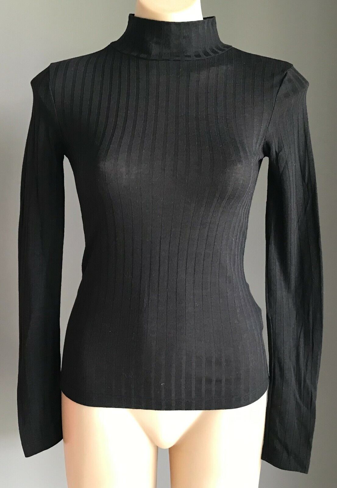 TOPSHOP Top Stretch Black Ribbed Semi Sheer High Neck Long Sleeve Size 6  8 - 10