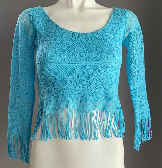 BELLA LUPA Top Blue Lace Scoop Neck 3/4 Sleeve Fringe Trim Blouse Ladies Size 8