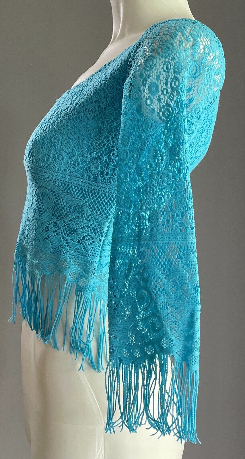 BELLA LUPA Top Blue Lace Scoop Neck 3/4 Sleeve Fringe Trim Blouse Ladies Size 8