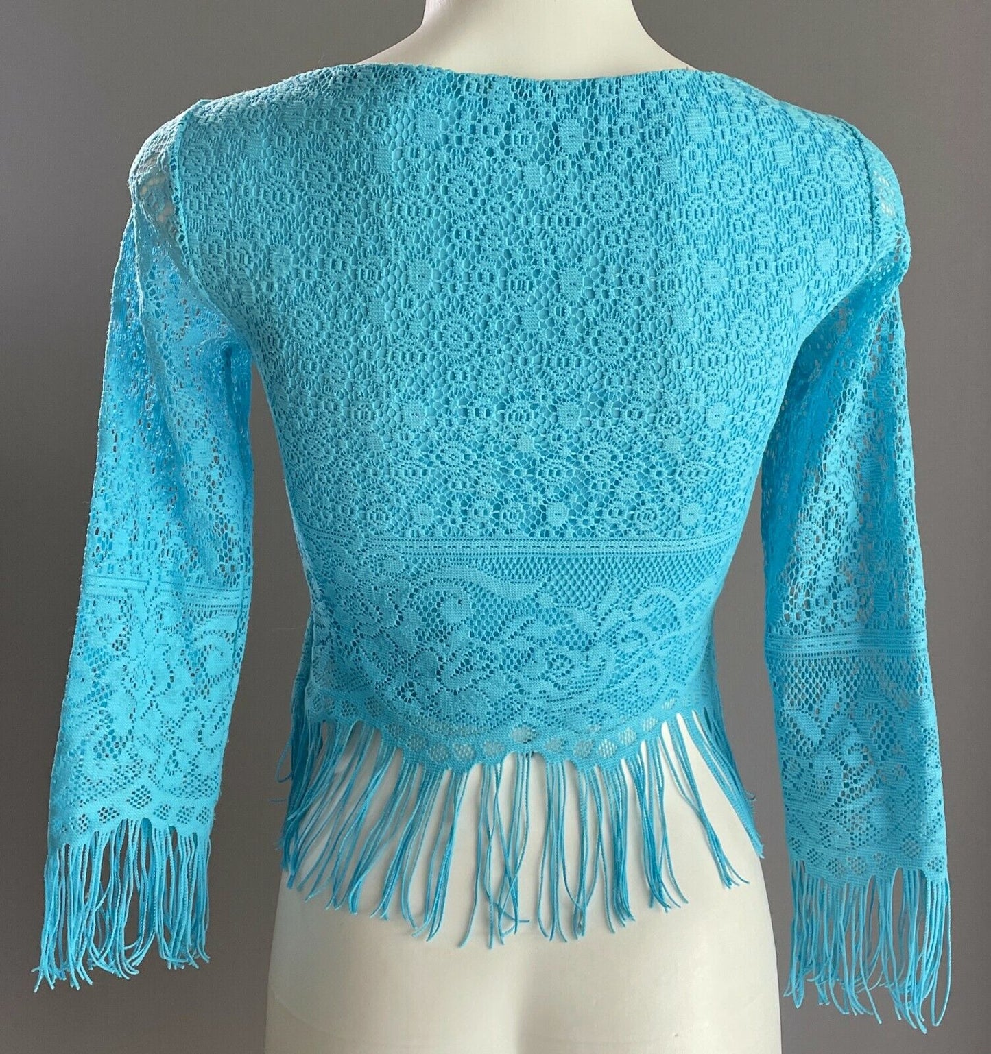 BELLA LUPA Top Blue Lace Scoop Neck 3/4 Sleeve Fringe Trim Blouse Ladies Size 8