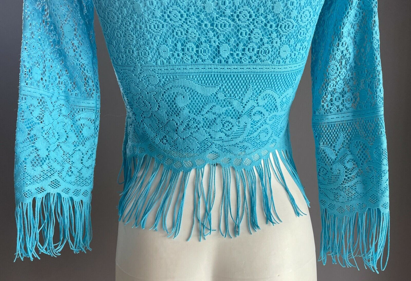 BELLA LUPA Top Blue Lace Scoop Neck 3/4 Sleeve Fringe Trim Blouse Ladies Size 8