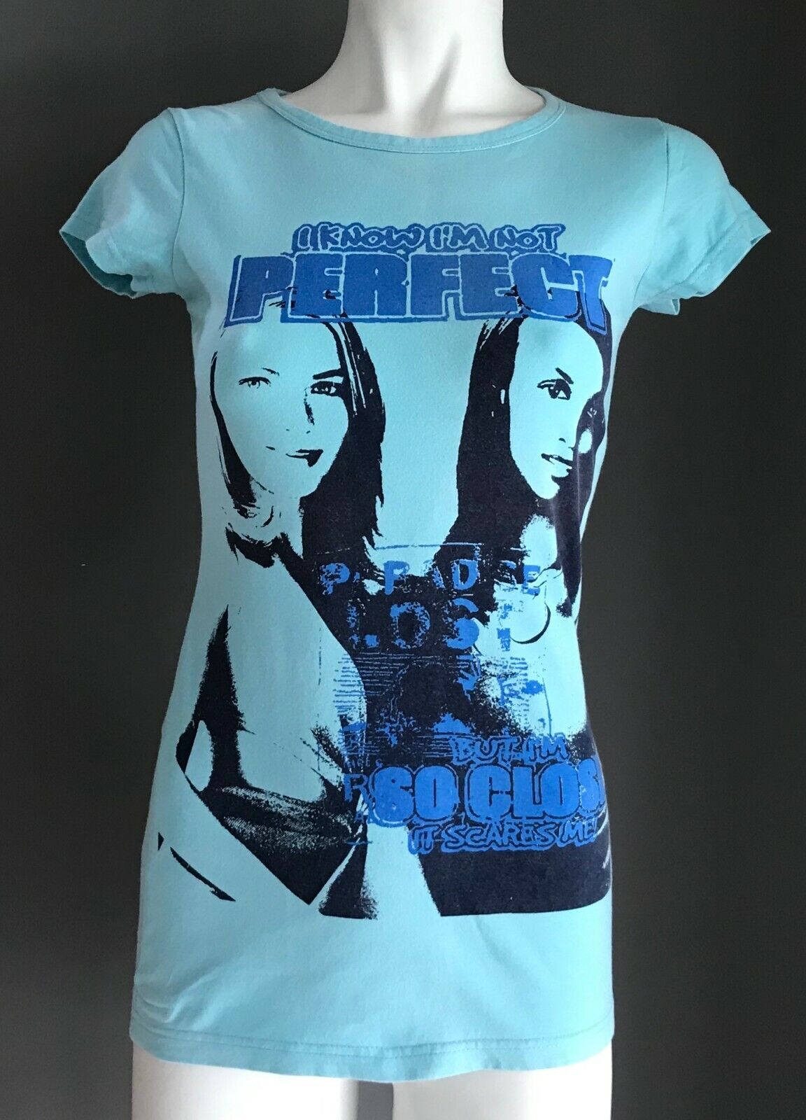 T Shirt I Know I'm Not Perfect.. Blue Motif Print Short Sleeve Ladies Size 8
