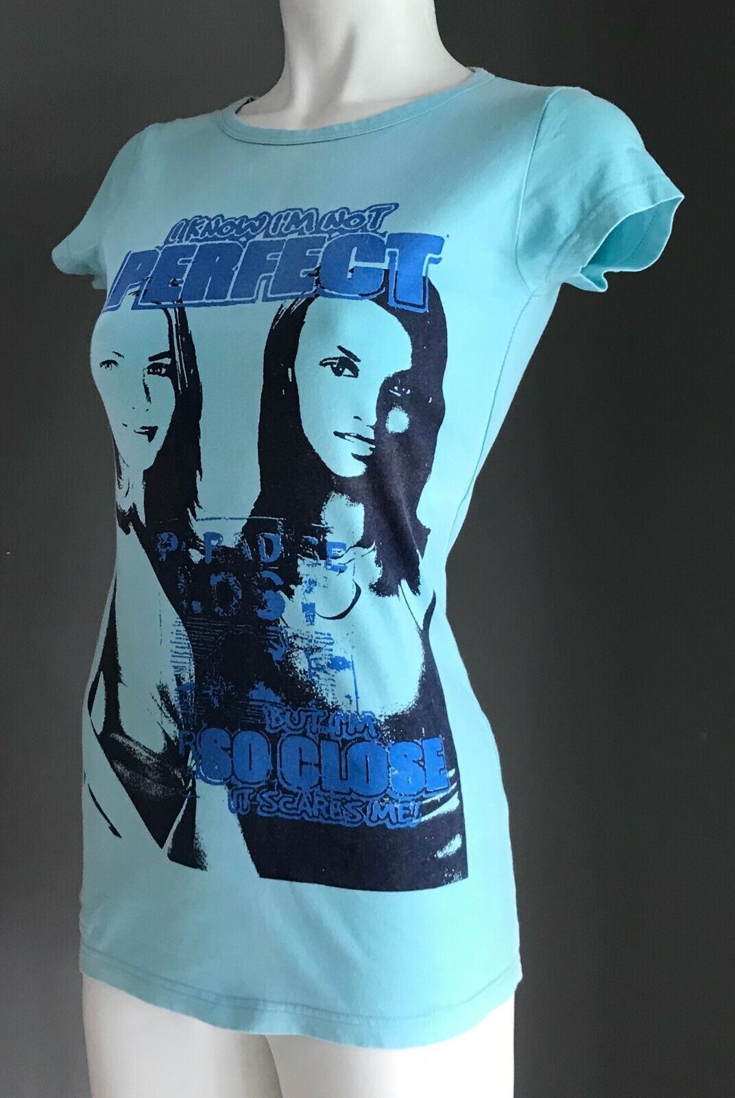 T Shirt I Know I'm Not Perfect.. Blue Motif Print Short Sleeve Ladies Size 8