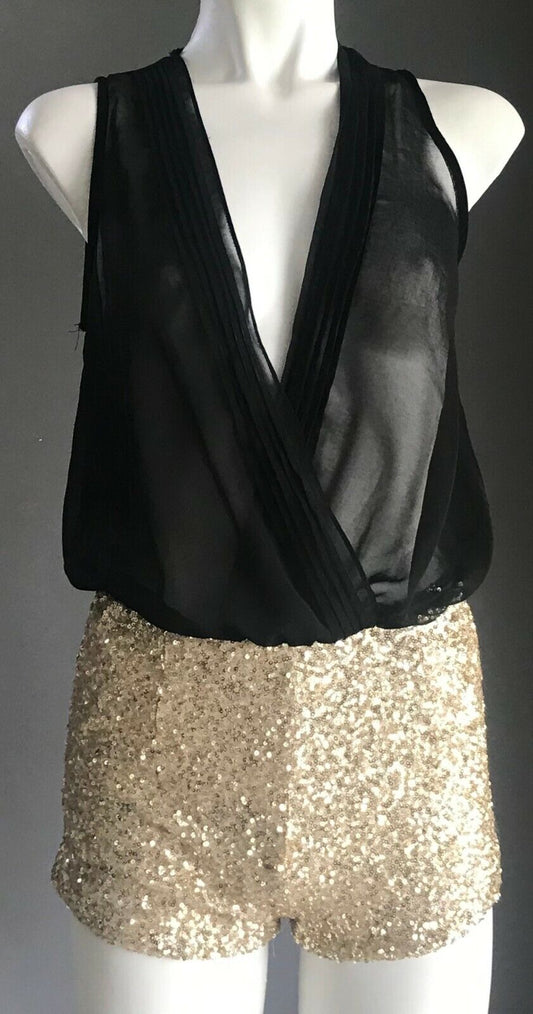 PARADISCO Romper Black Sheer Open Back w Gold Sequin Shorts Playsuit Size 6 8