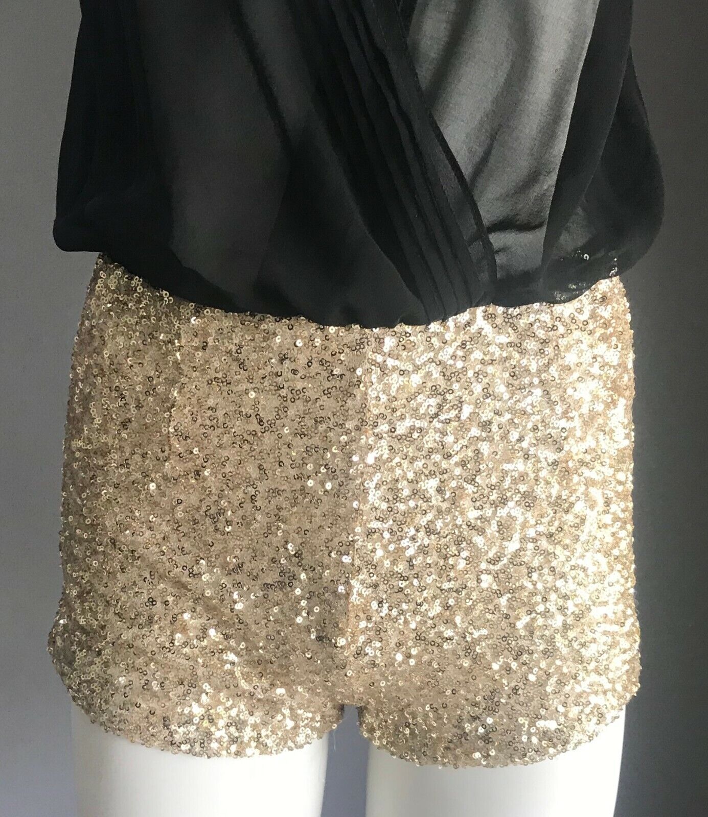 PARADISCO Romper Black Sheer Open Back w Gold Sequin Shorts Playsuit Size 6 8
