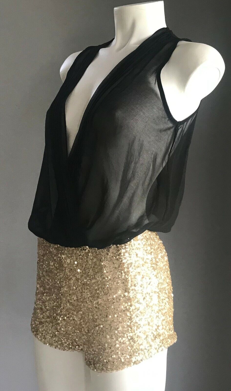 PARADISCO Romper Black Sheer Open Back w Gold Sequin Shorts Playsuit Size 6 8