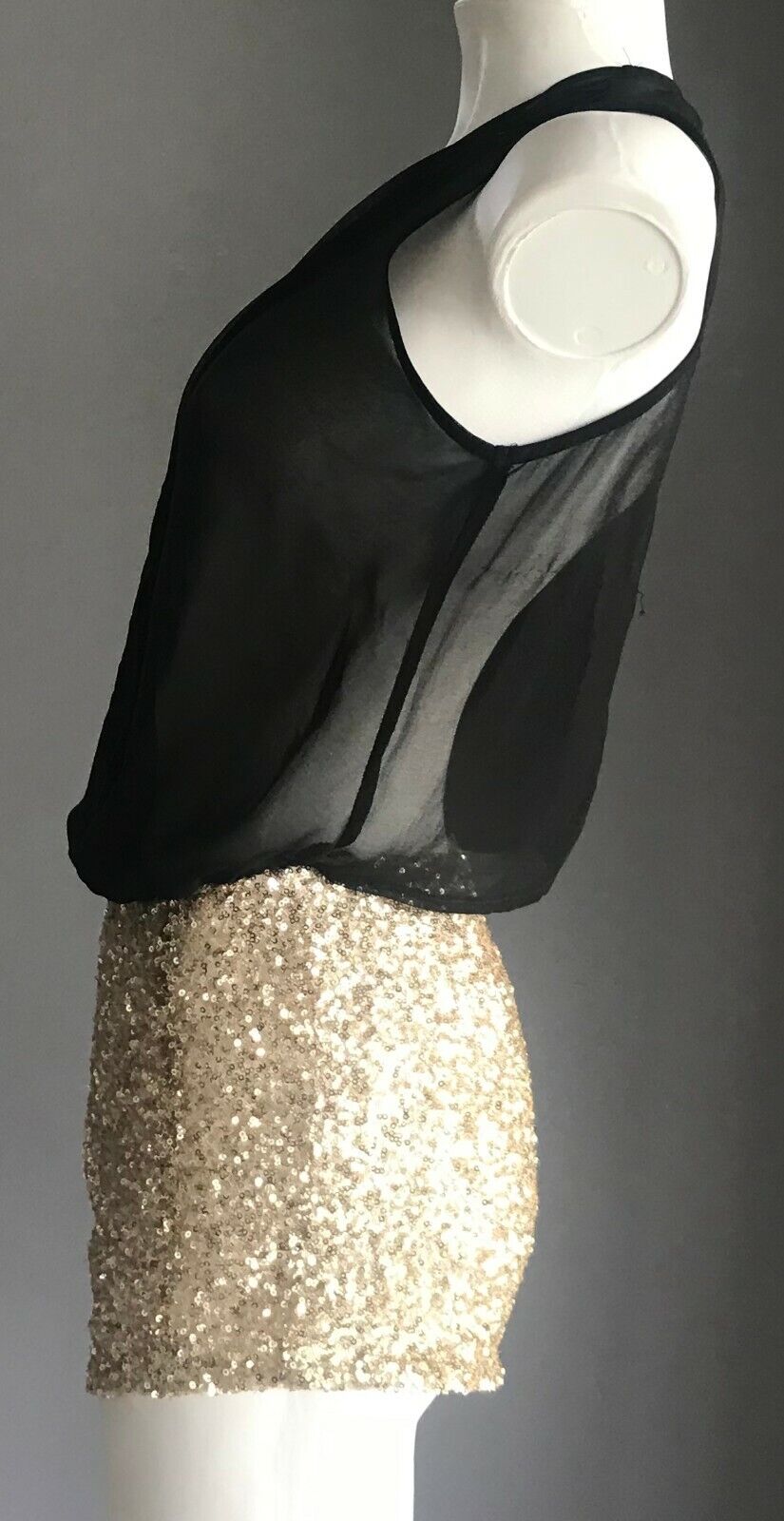 PARADISCO Romper Black Sheer Open Back w Gold Sequin Shorts Playsuit Size 6 8