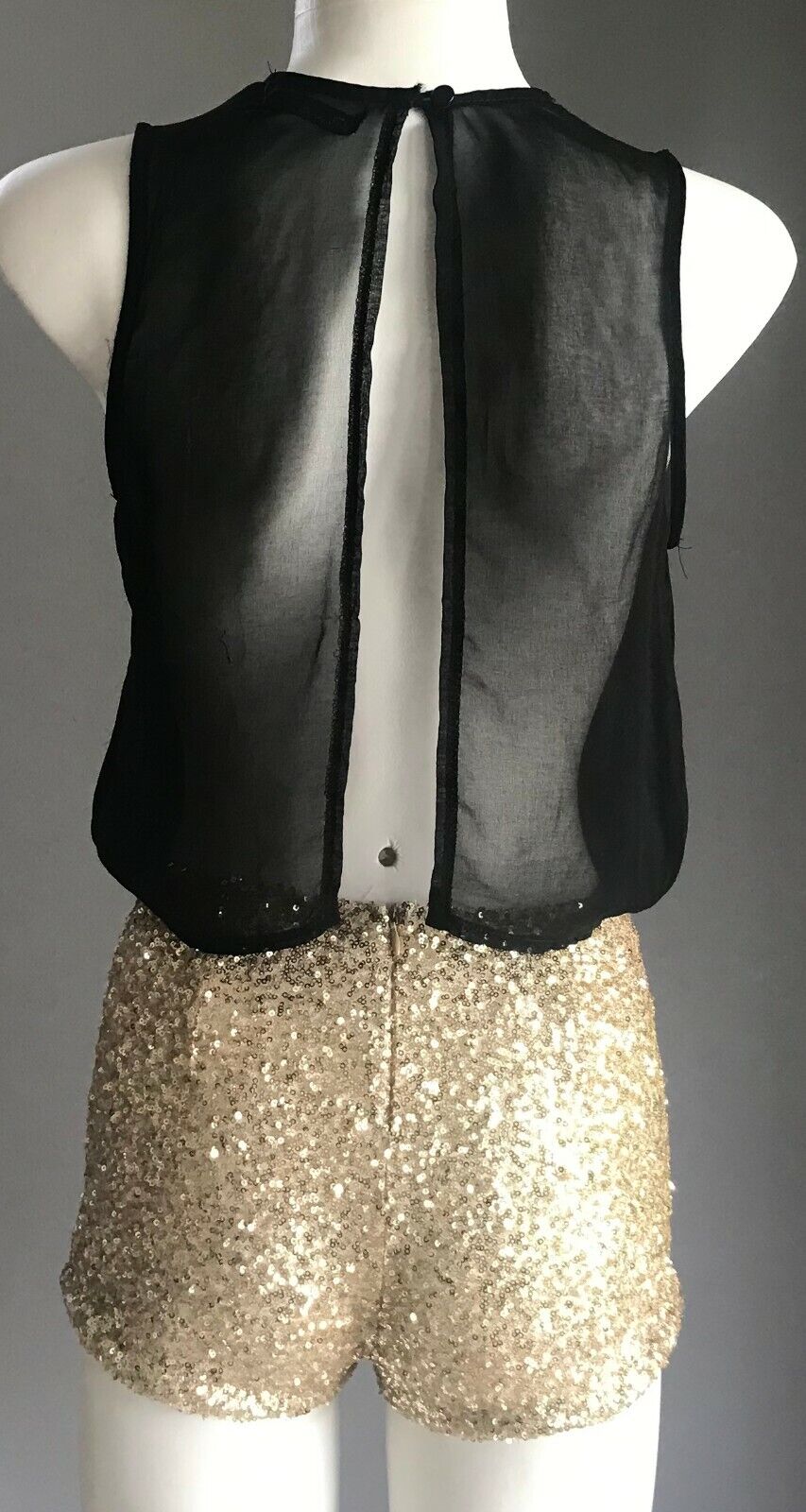 PARADISCO Romper Black Sheer Open Back w Gold Sequin Shorts Playsuit Size 6 8