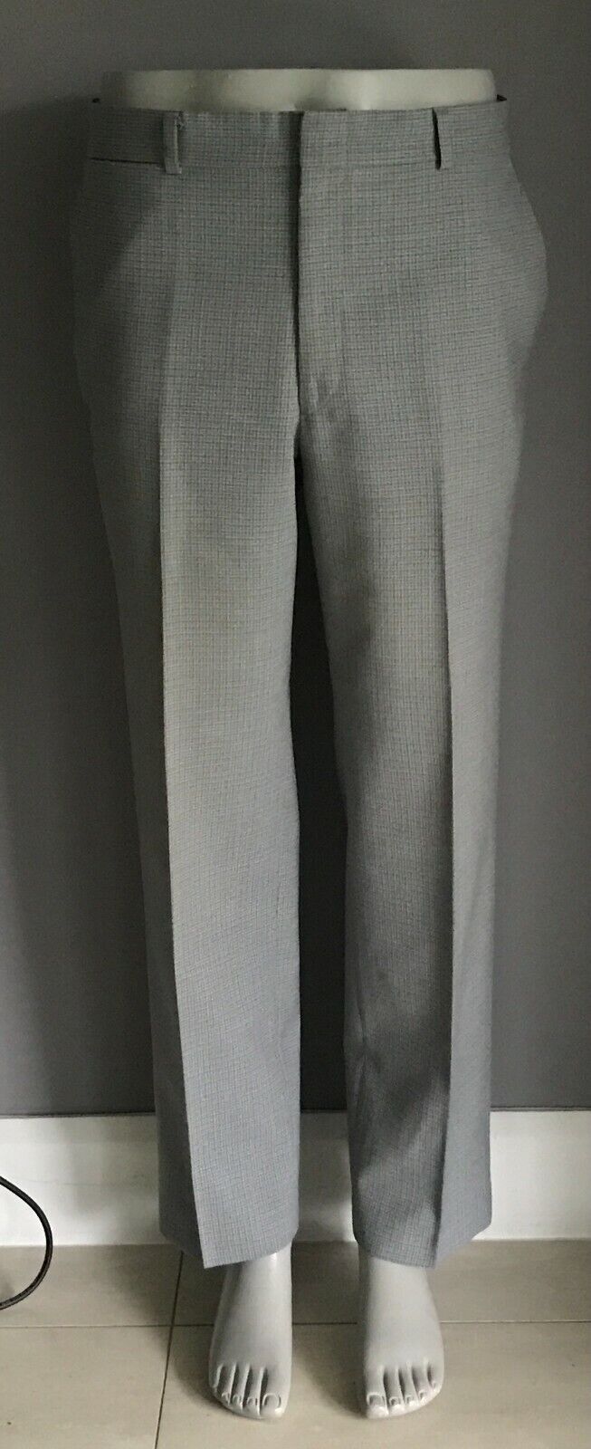 Mens EXEXS Pants Grey Blue Khaki Wool Mix Fine Check Size 96W Vintage Trousers