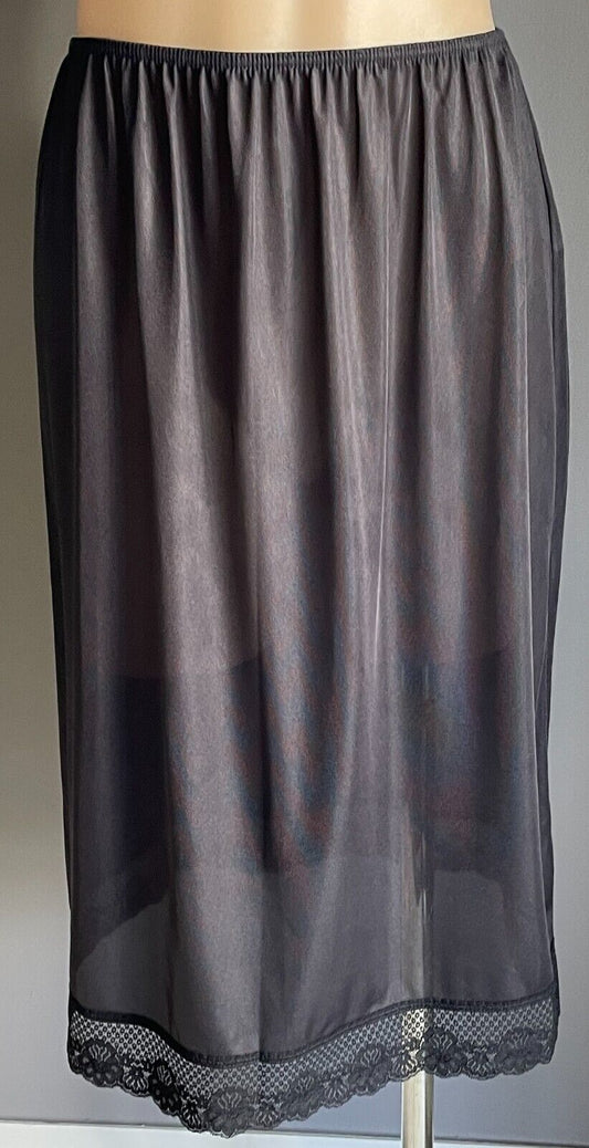 Vintage Half Slip Nylon Black 1/2 Petticoat Elastic Waist Lace Hem Size 14