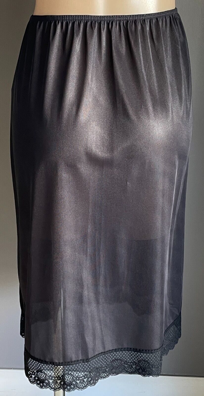 Vintage Half Slip Nylon Black 1/2 Petticoat Elastic Waist Lace Hem Size 14