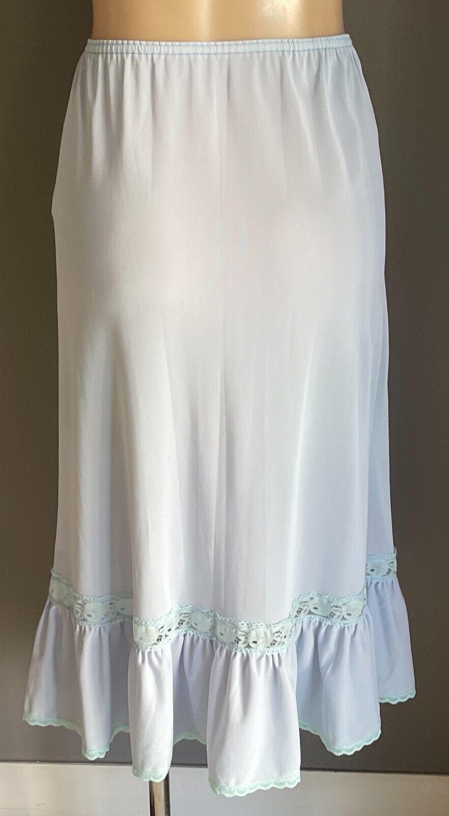 Half Slip Light Blue 1/2 Petticoat Elastic Waist Lace Panel & Ruffle Hem Size 12