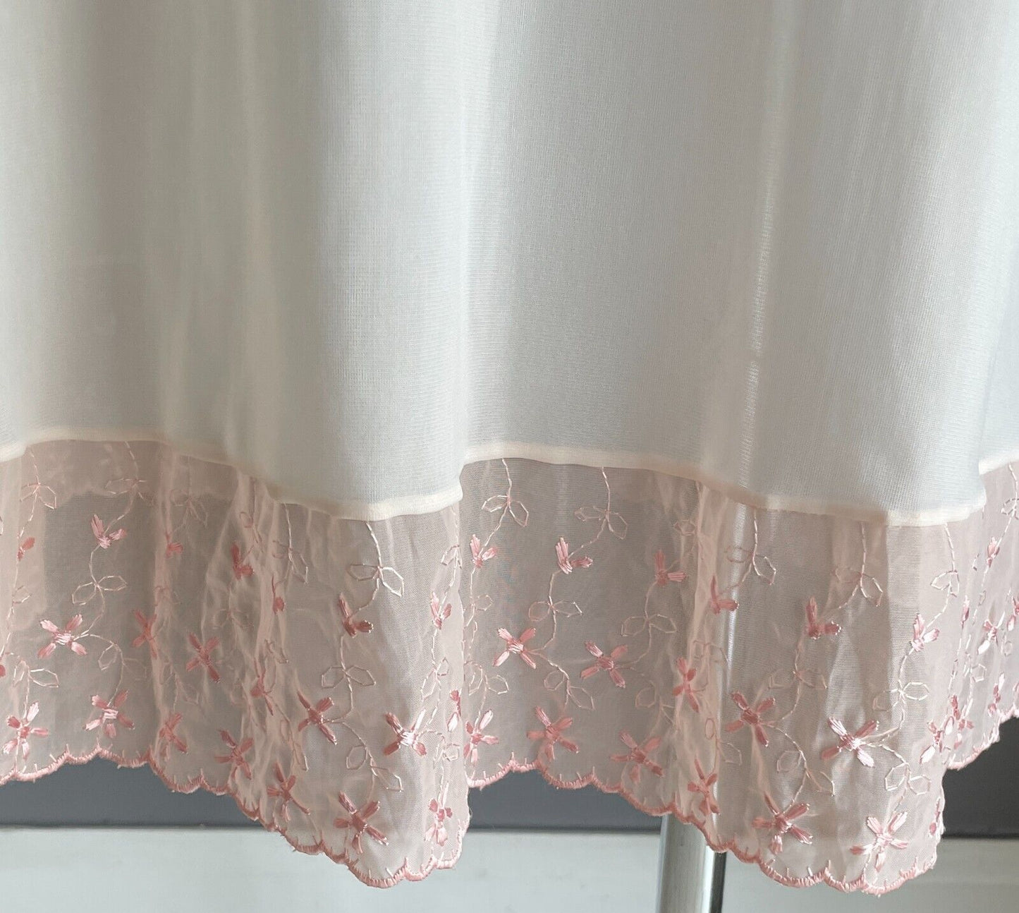 Vintage Petticoat Blush Pink Nylon Embroidered Neck and Hem Full Slip Size W 14
