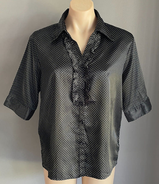 COLE LADIES Black/White Polka Dot Ruffle Trim Short Sleeve Shirt/Blouse Size XXL