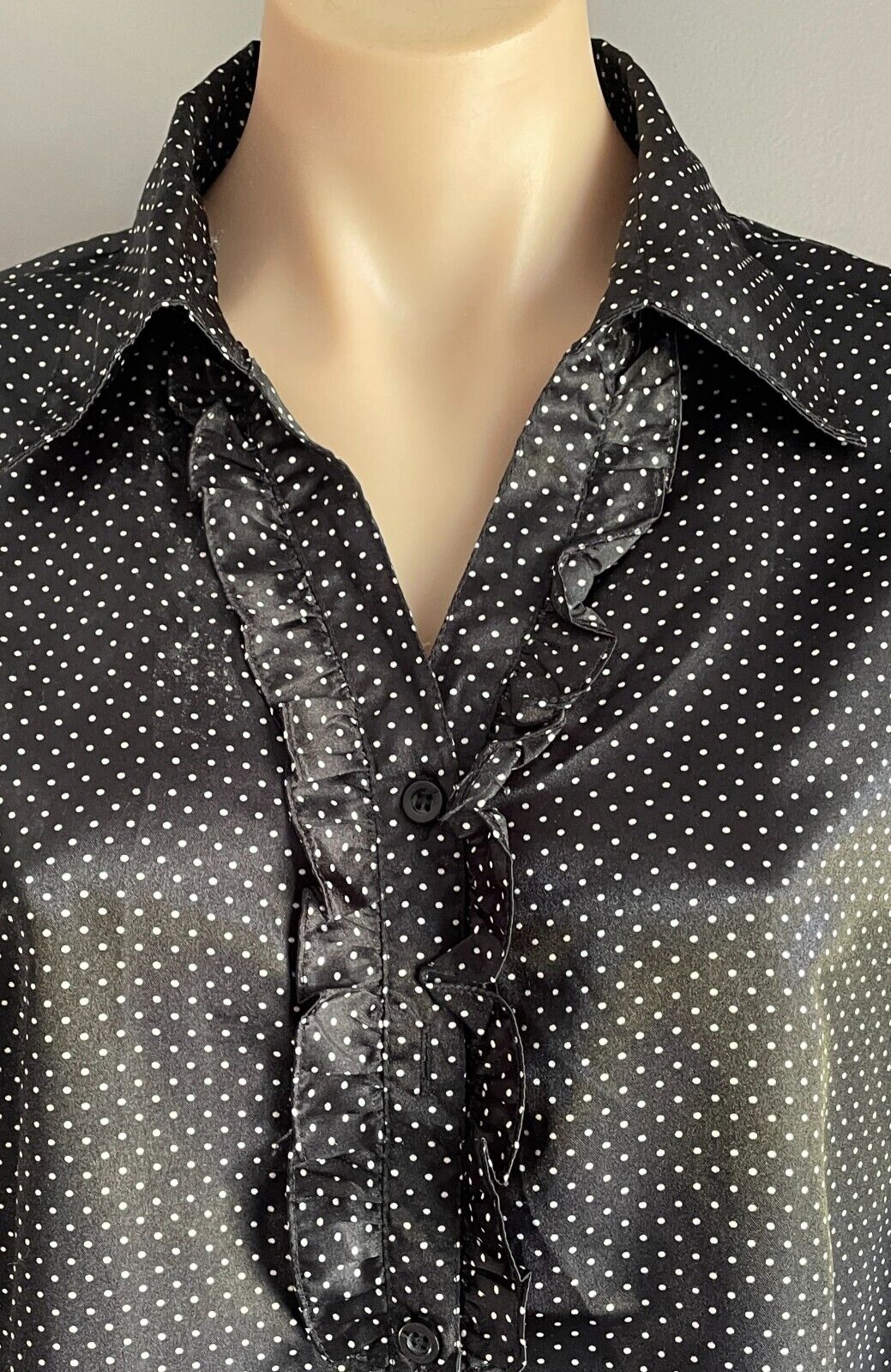 COLE LADIES Black/White Polka Dot Ruffle Trim Short Sleeve Shirt/Blouse Size XXL