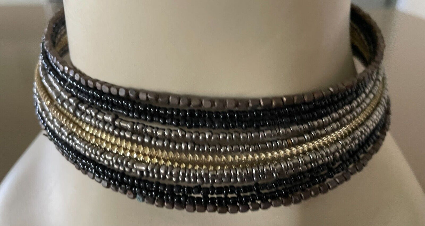 TREE OF LIFE Brown Gold Silver Black Bead Multi Strand Choker - NEW