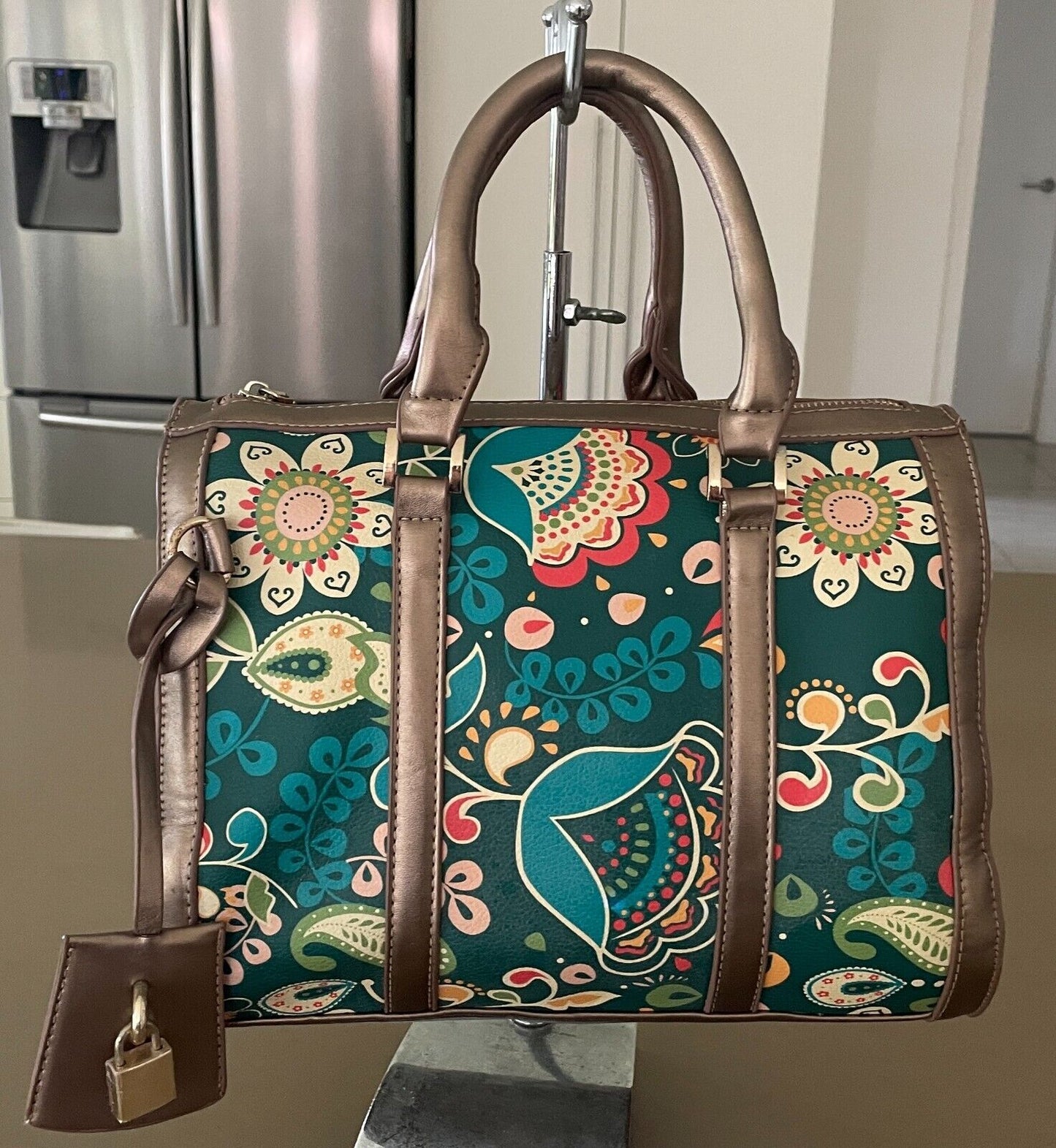 Barrel Bag Bright Multicolour Print Pleather Double Handle - Handbag Unique!