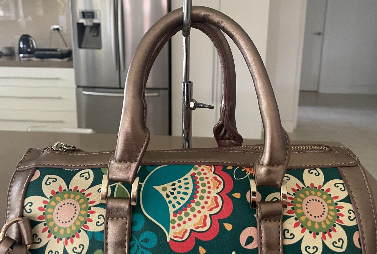 Barrel Bag Bright Multicolour Print Pleather Double Handle - Handbag Unique!
