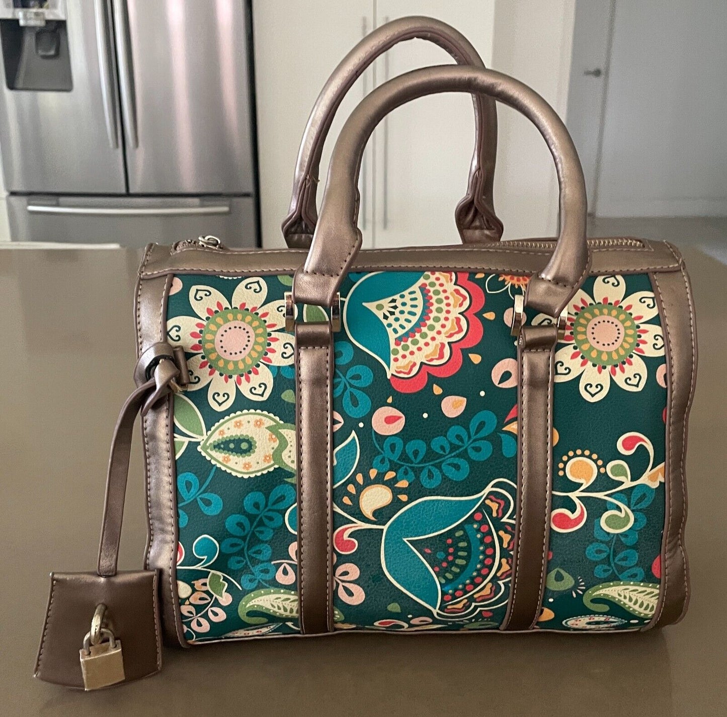 Barrel Bag Bright Multicolour Print Pleather Double Handle - Handbag Unique!