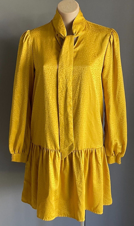 KAREN WALKER HI THERE Drop Waist Dress Mustard Cheetah Jacquard Neck Tie Sz 8 11