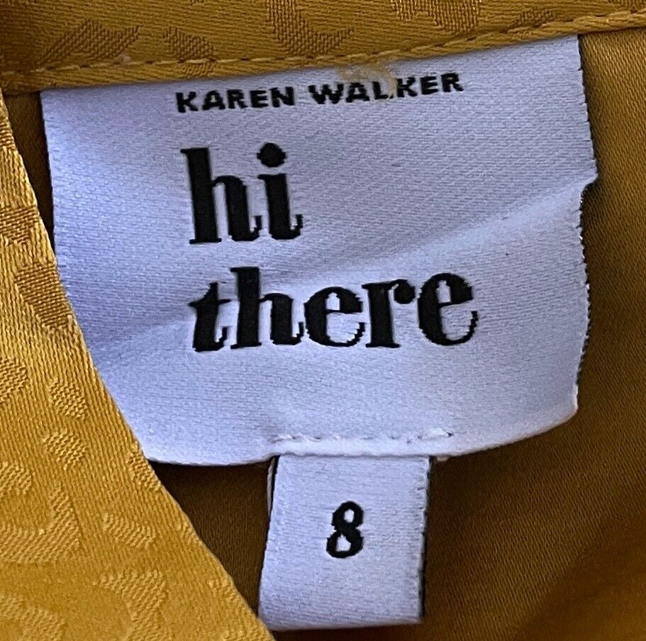 KAREN WALKER HI THERE Drop Waist Dress Mustard Cheetah Jacquard Neck Tie Sz 8 11