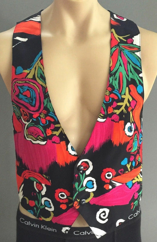 Mens Waistcoat SPOT ON Vest Black & MultiColoured Floral Print Size S