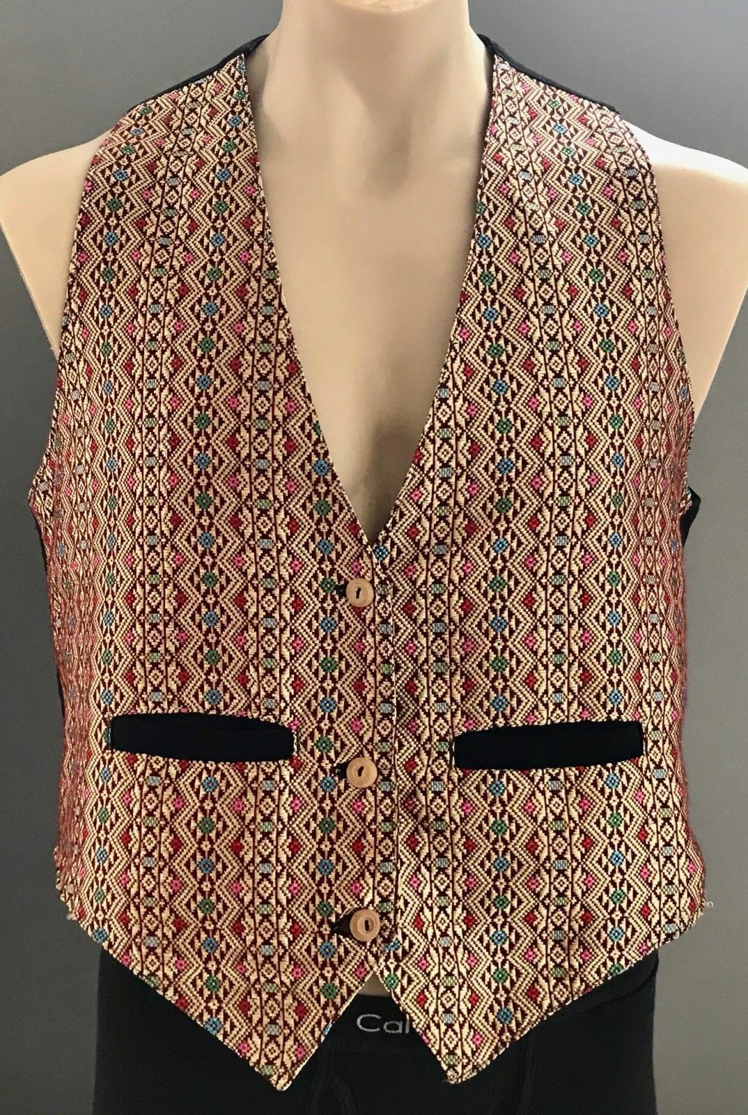 Vtg Ethnic Waistcoat Gold Geometric Diamond Tapestry Sleeveless VEST Size XL NEW