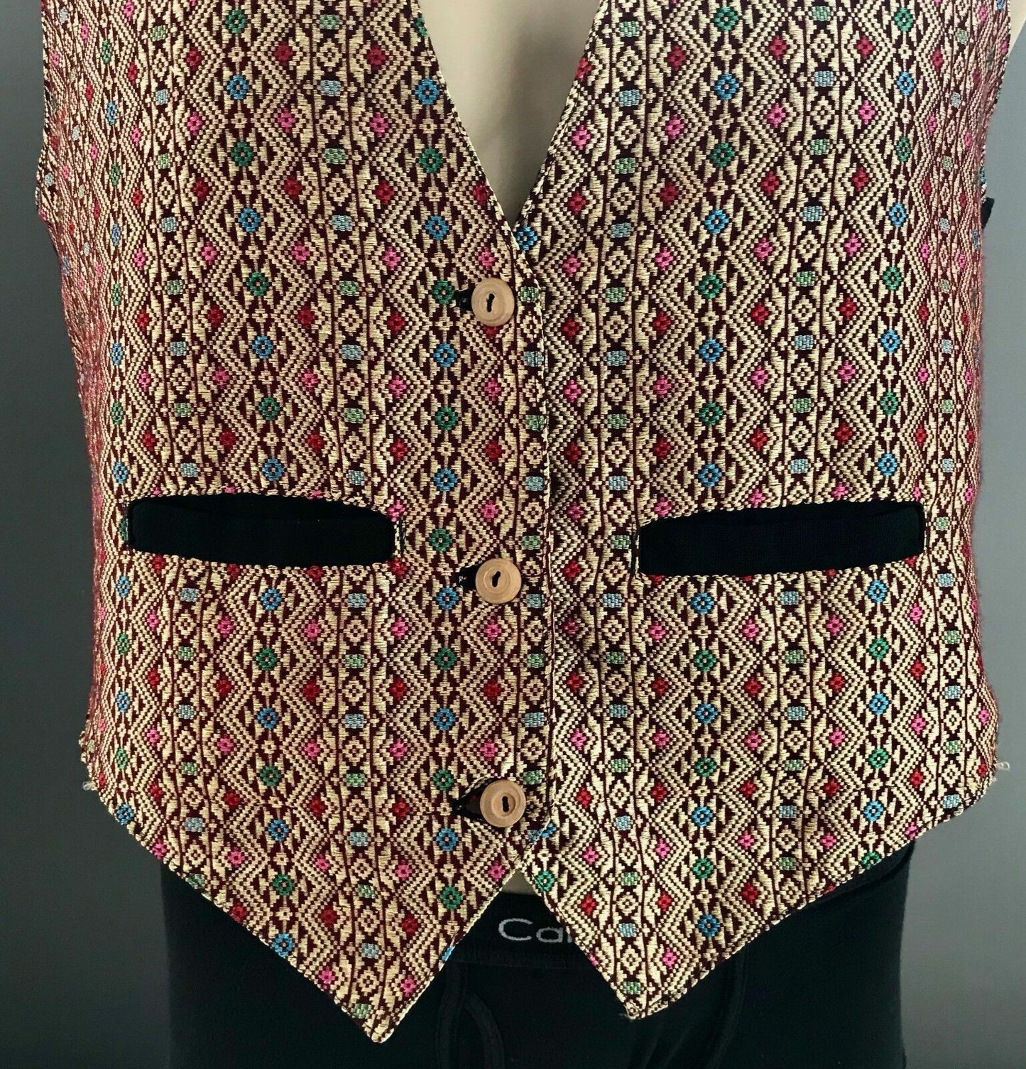 Vtg Ethnic Waistcoat Gold Geometric Diamond Tapestry Sleeveless VEST Size XL NEW