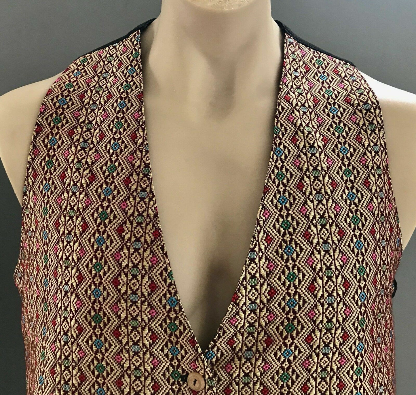 Vtg Ethnic Waistcoat Gold Geometric Diamond Tapestry Sleeveless VEST Size XL NEW