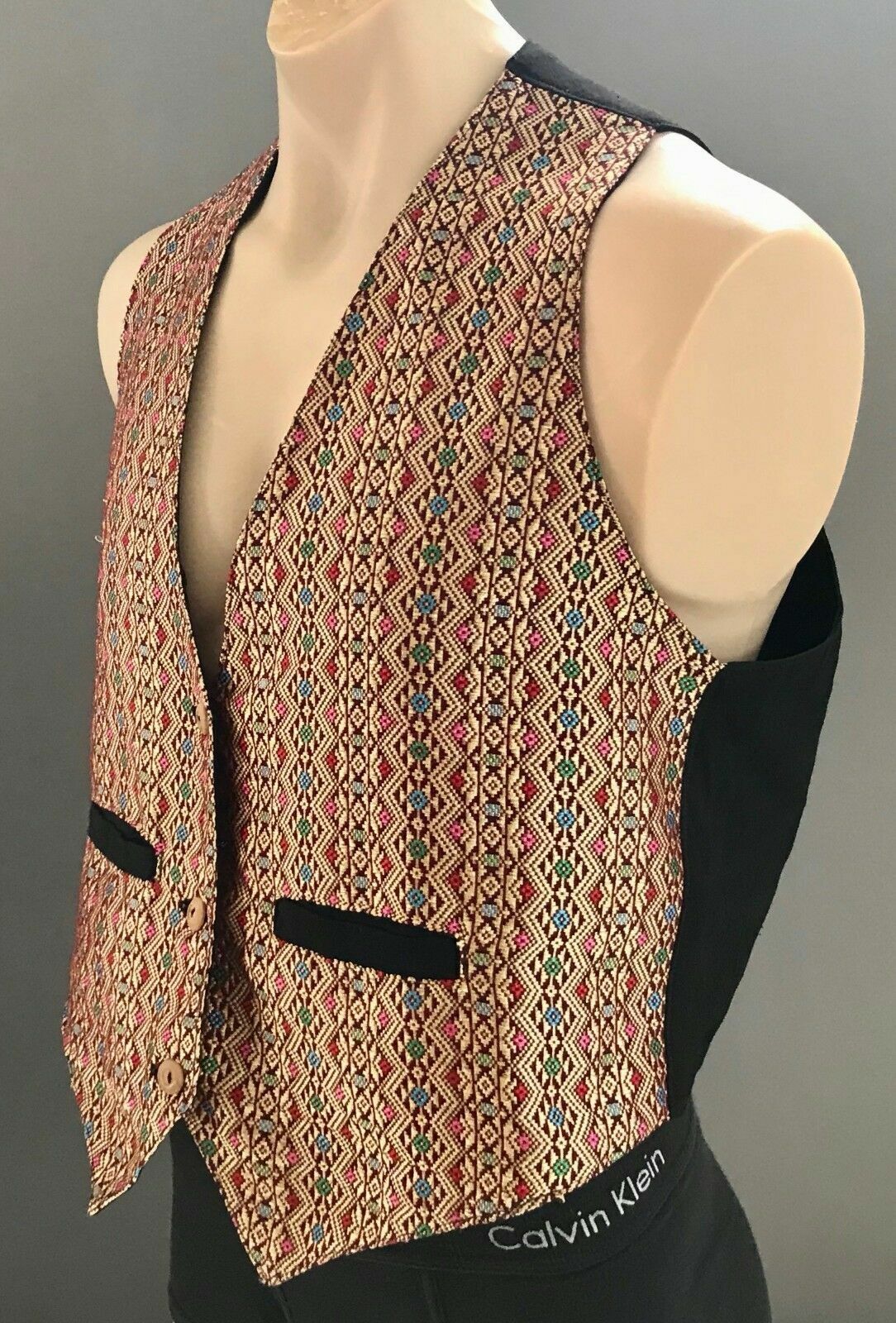 Vtg Ethnic Waistcoat Gold Geometric Diamond Tapestry Sleeveless VEST Size XL NEW
