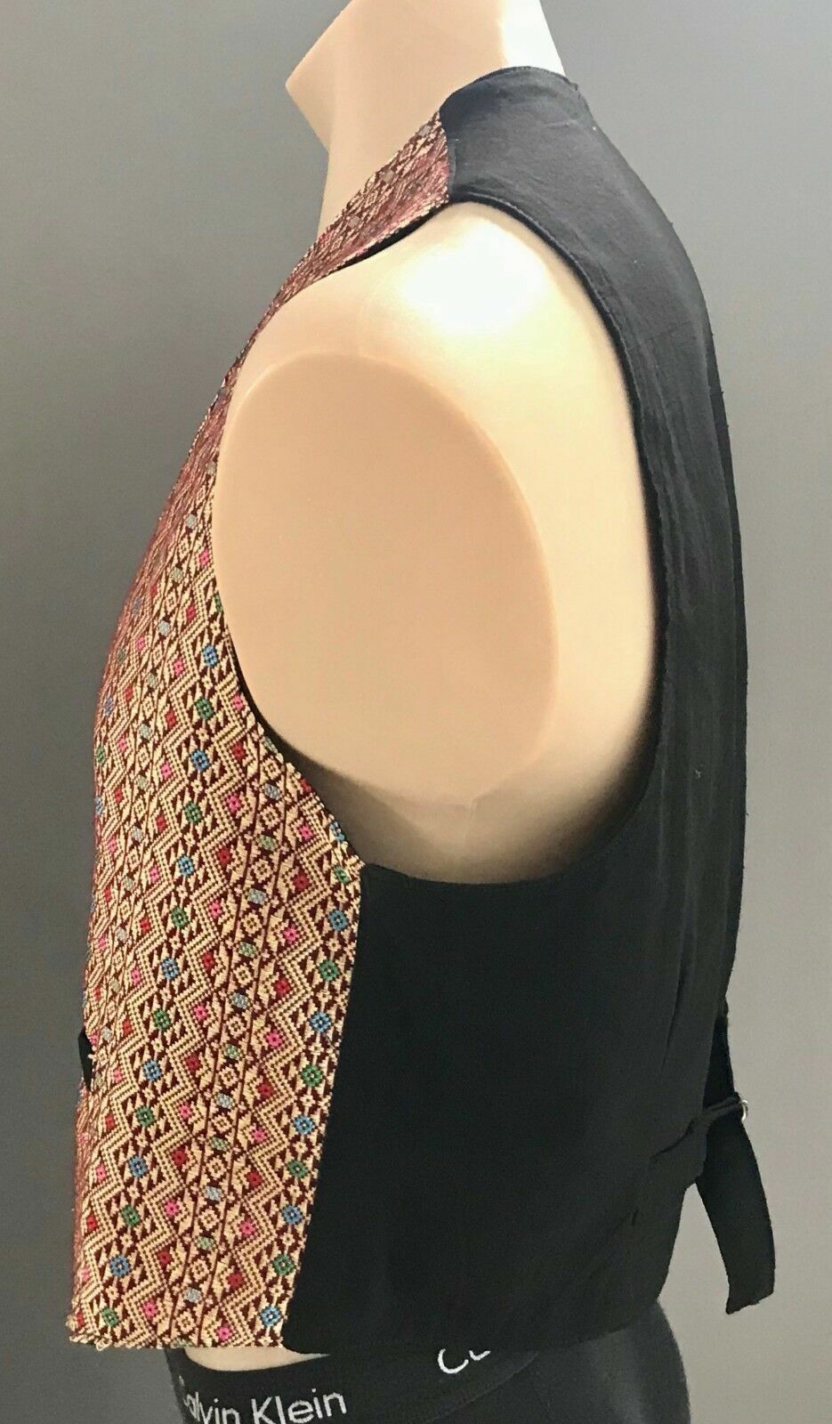 Vtg Ethnic Waistcoat Gold Geometric Diamond Tapestry Sleeveless VEST Size XL NEW