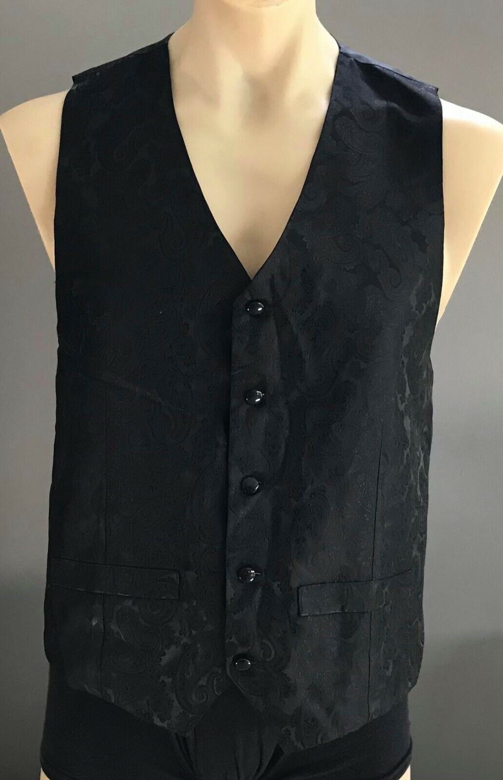 Mens Waistcoat MALCOLM Vest Black Paisley Brocade Print Size 38 Chest 98cm