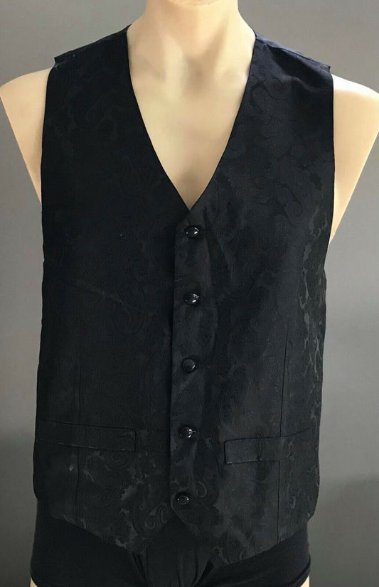 Mens Waistcoat MALCOLM Vest Black Paisley Brocade Print Size 38 Chest 98cm