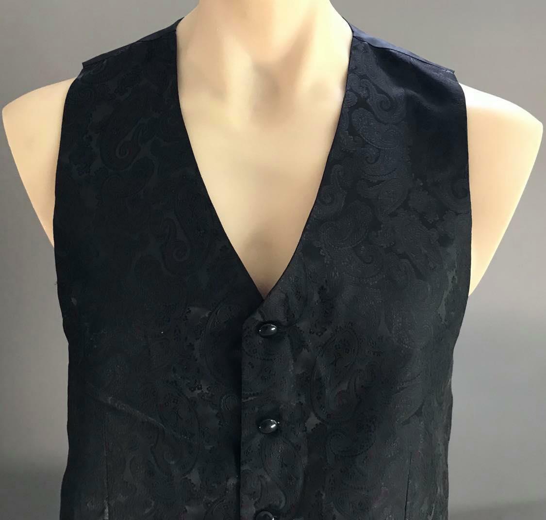 Mens Waistcoat MALCOLM Vest Black Paisley Brocade Print Size 38 Chest 98cm