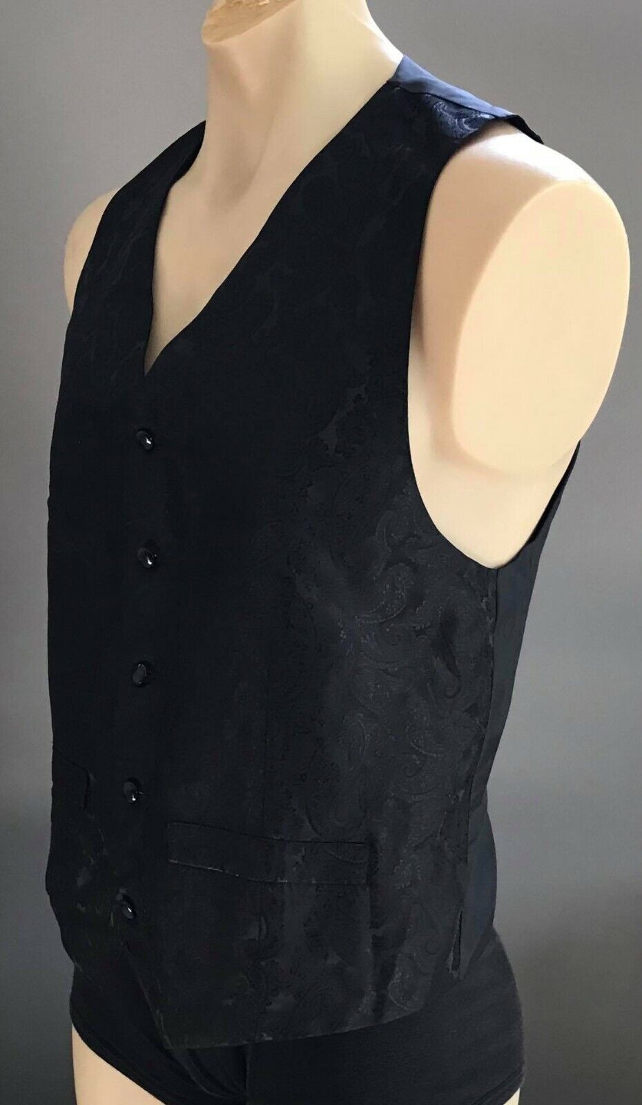 Mens Waistcoat MALCOLM Vest Black Paisley Brocade Print Size 38 Chest 98cm
