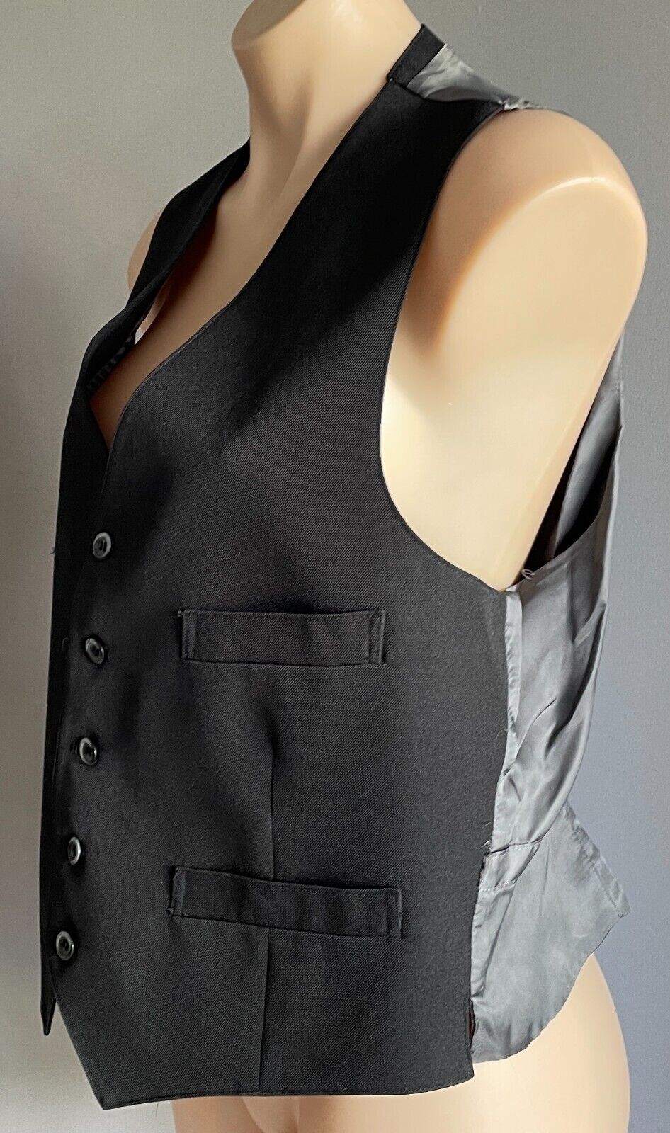 SOLOE Waistcoat BLACK VEST Sleeveless Button Front To Fit Chest 106cm Vtg