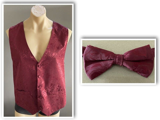MARK ANTHONY Waistcoat + Matching Bow Tie Burgundy Floral Jacquard Size XL Vest