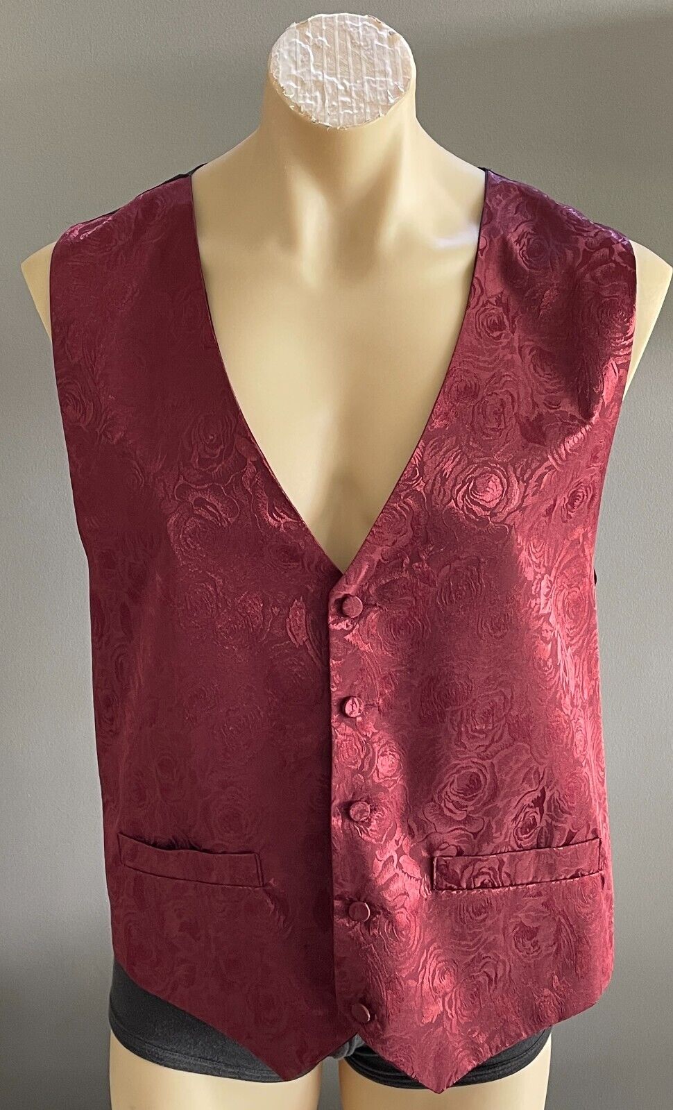 MARK ANTHONY Waistcoat + Matching Bow Tie Burgundy Floral Jacquard Size XL Vest