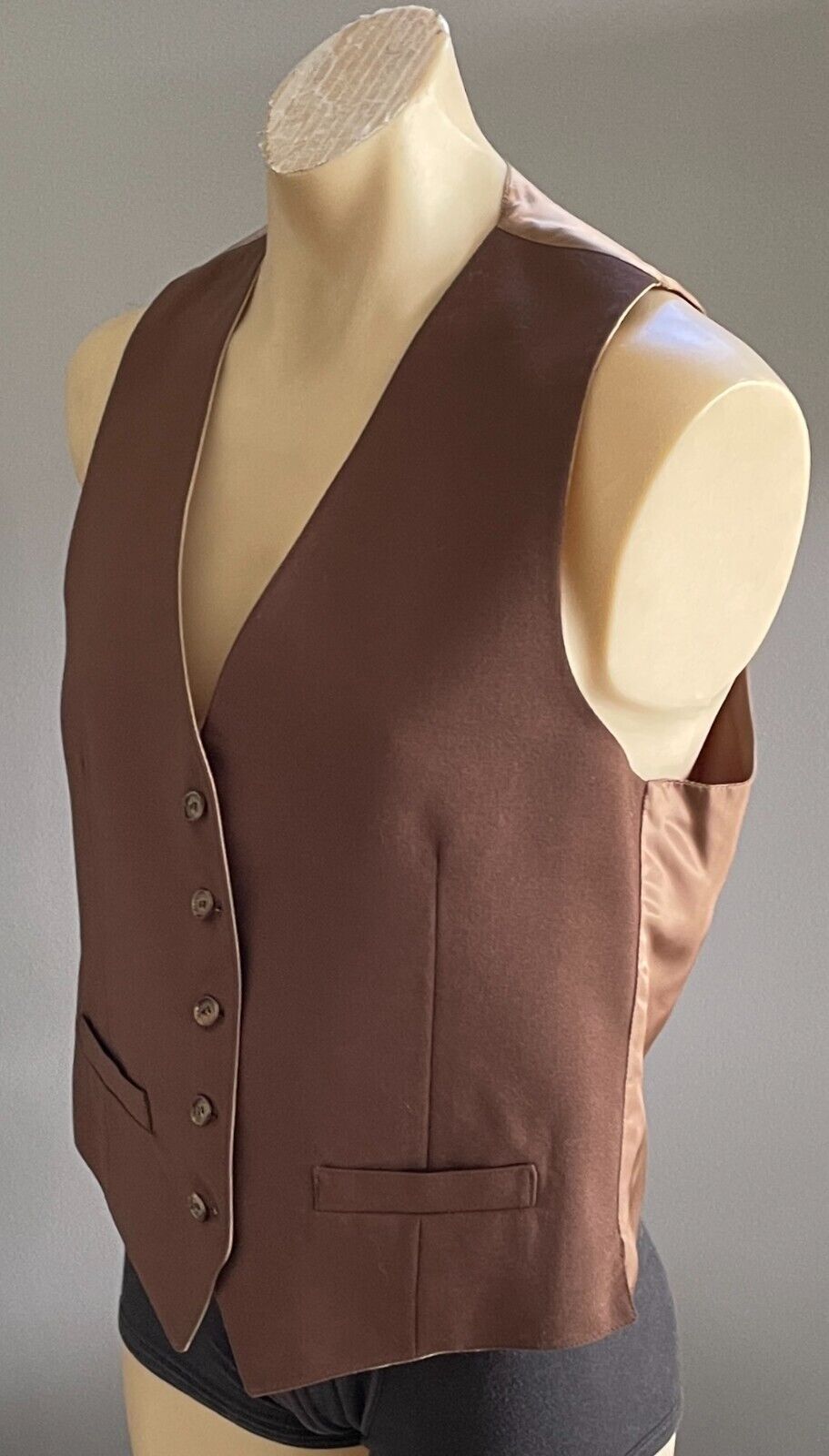 Mens Waistcoat TEMPO Brown Beige Reversible Button Front fit Chest 102cm Vintage