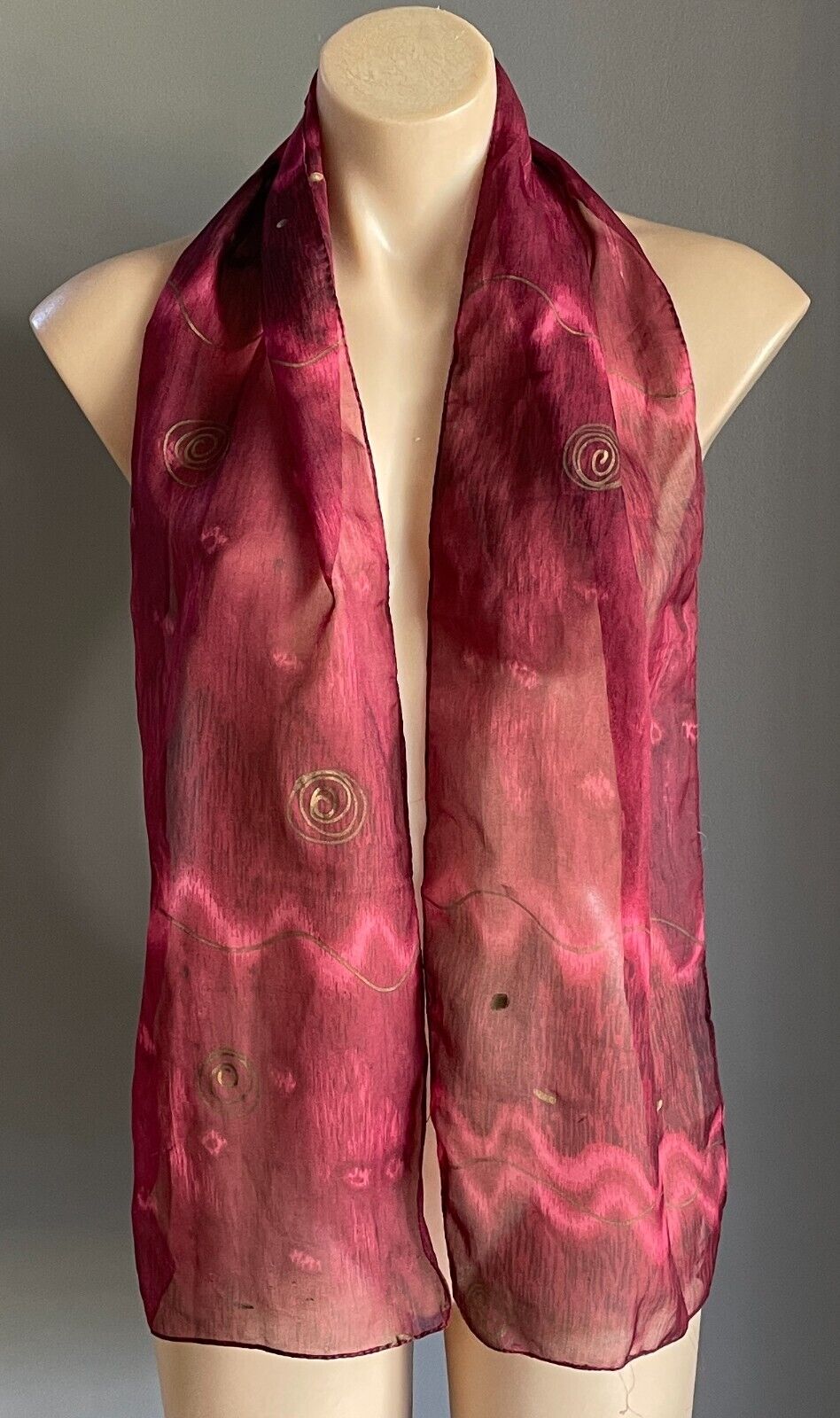 Neck SCARF Rectangle Burgundy Semi Sheer Gold Swirl Wave Print 24x 148cm Vintage