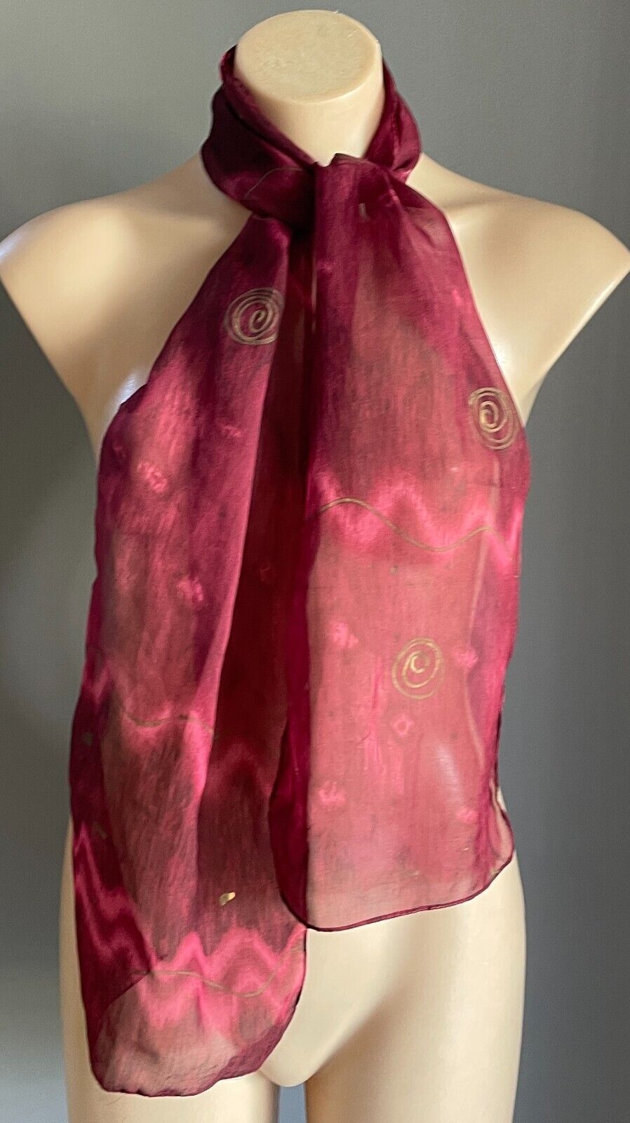 Neck SCARF Rectangle Burgundy Semi Sheer Gold Swirl Wave Print 24x 148cm Vintage