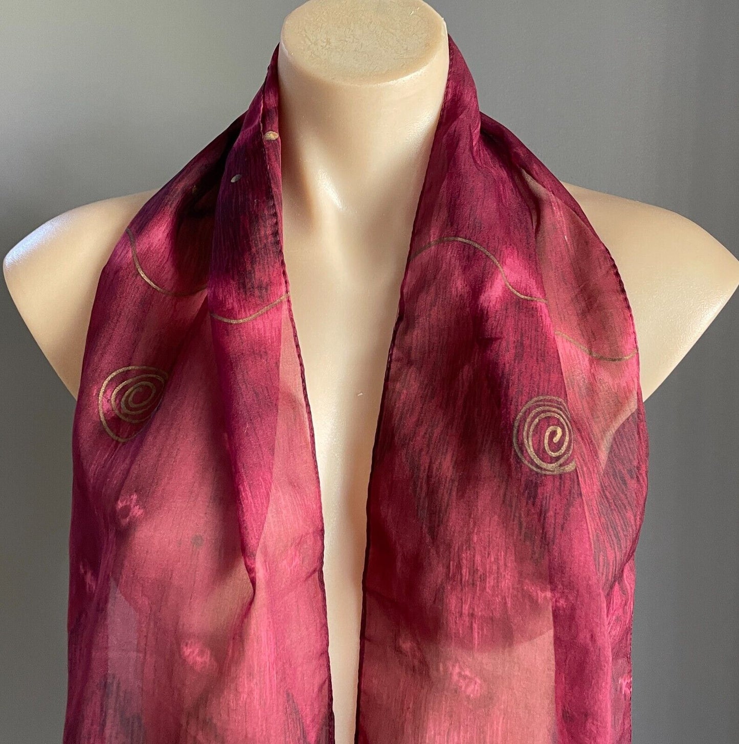 Neck SCARF Rectangle Burgundy Semi Sheer Gold Swirl Wave Print 24x 148cm Vintage
