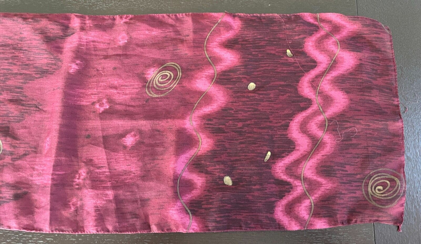 Neck SCARF Rectangle Burgundy Semi Sheer Gold Swirl Wave Print 24x 148cm Vintage