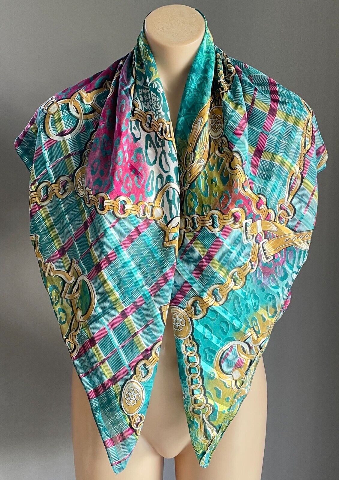 NECK SCARF Green Pink & Gold Stripe Check Chain & Charm Print Stunning Colours!