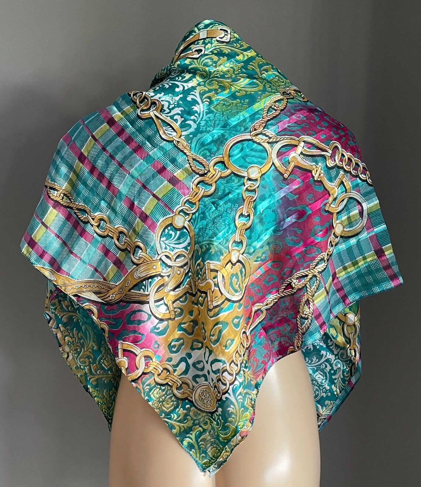 NECK SCARF Green Pink & Gold Stripe Check Chain & Charm Print Stunning Colours!