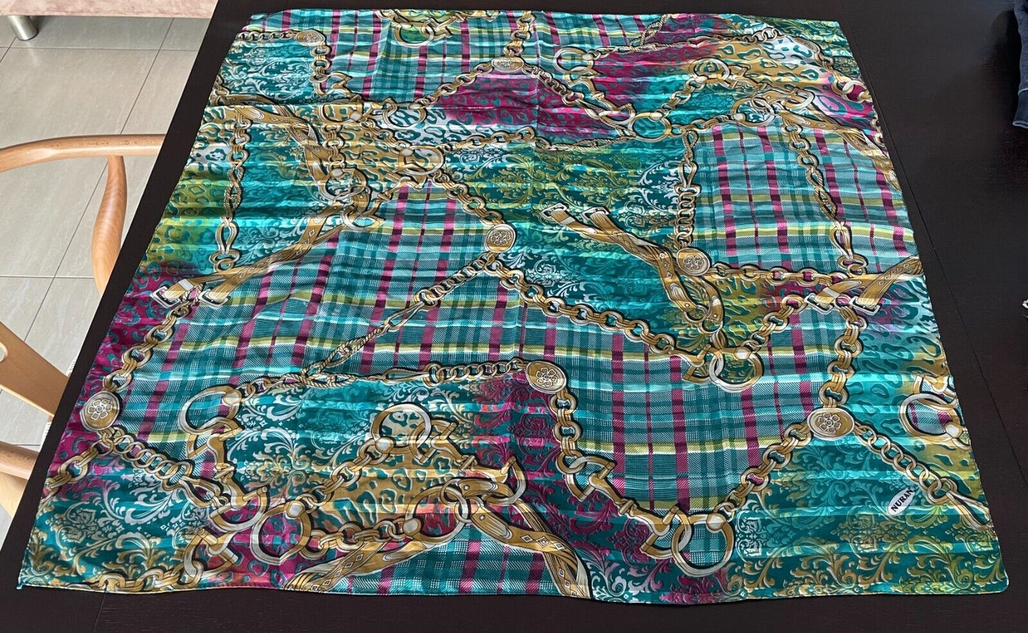 NECK SCARF Green Pink & Gold Stripe Check Chain & Charm Print Stunning Colours!